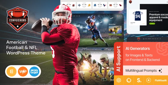 Conquerors | American Football & NFL WordPress Theme WordPress theme homepage layout for a american football entertainment website