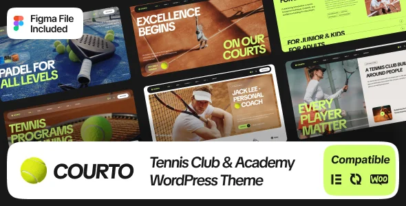 Courto - Tennis Club & Padel WordPress Theme WordPress theme homepage layout for a club entertainment website