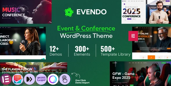 Evendo - Event & Conference WordPress Theme WordPress theme homepage layout for a conference entertainment website