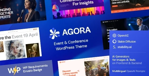 Agora — Event & Conference WordPress Theme WordPress theme homepage layout for a conference event website