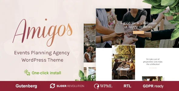 Amigos - Party & Celebration Event Agency WordPress theme homepage layout for a anniversary event website