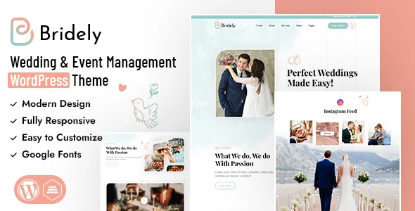 Bridely | Wedding & Event Management WordPress Theme WordPress theme homepage layout for a bride event website