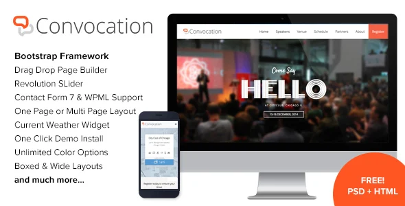 Convocation - Event and Conference WordPress Theme WordPress theme homepage layout for a concert event website