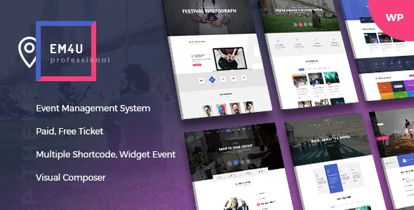 Event Management WordPress Theme for Booking Tickets - EM4U WordPress theme homepage layout for a booking event website
