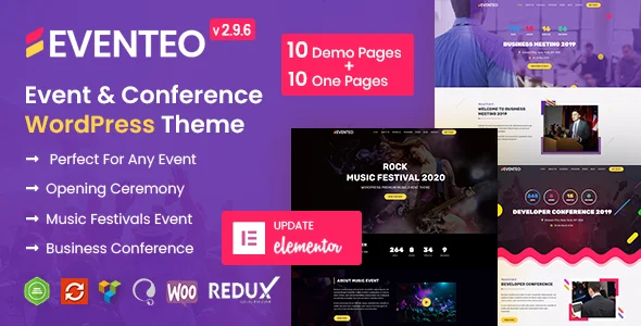 Eventeo - Event & Conference WordPress Theme WordPress theme homepage layout for a concert event website