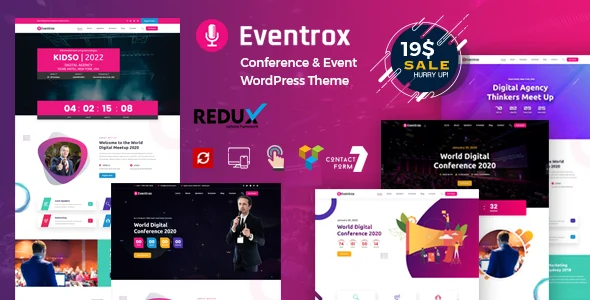 Eventrox - Conference and Event WordPress Theme WordPress theme homepage layout for a conference event website