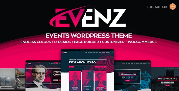 Evenz - Conference and Event WordPress Theme WordPress theme homepage layout for a business event website