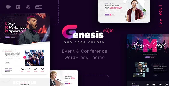 GenesisExpo | Business Events & Conference WordPress Theme WordPress theme homepage layout for a business event website