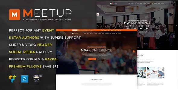 Meetup - Conference Event WordPress Theme WordPress theme homepage layout for a booking event website