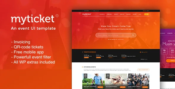 MyTicket - Ticket/Event Management System WordPress Theme WordPress theme homepage layout for a artist event website