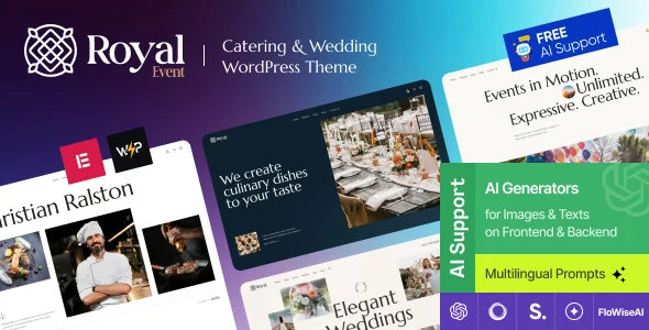 Royal Event | Catering & Wedding Chef Wordpress Theme WordPress theme homepage layout for a anniversary event website