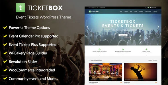 TicketBox – Event Tickets WordPress Theme WordPress theme homepage layout for a business event website