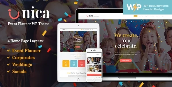 Unica - Event Planning & Wedding WordPress Theme WordPress theme homepage layout for a agency event website