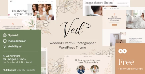 Veil - Wedding Party & Photographer WordPress Theme WordPress theme homepage layout for a atelier event website