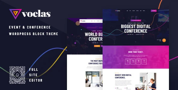 Voelas - Event & Conference FSE WordPress Block Theme WordPress theme homepage layout for a bright event website