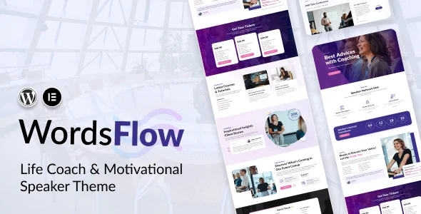 Wordsflow - Life Coach & Motivational Speaker Theme WordPress theme homepage layout for a business event website