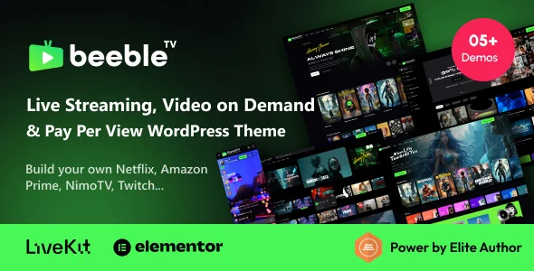 Beeble - Live Streaming, Video on Demand & Pay Per View WordPress Theme WordPress theme homepage layout for a film streaming film and video website