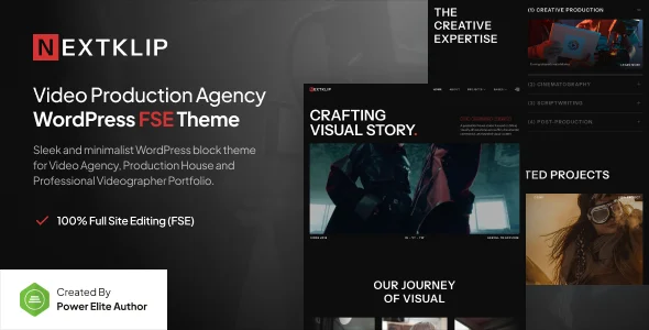 Nextklip – Video Production Agency Gutenverse FSE WordPress Block Theme WordPress theme homepage layout for a agency film and video website