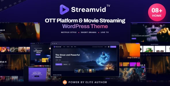 StreamVid - OTT Platform & Movie Streaming WordPress Theme WordPress theme homepage layout for a cloudflare stream film and video website