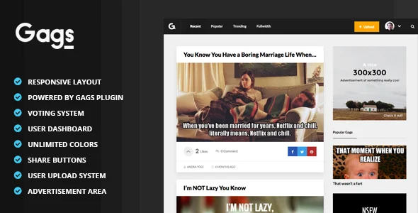 Gags - Image, Meme & Video Sharing WordPress Theme WordPress theme homepage layout for a content sharing entertainment website