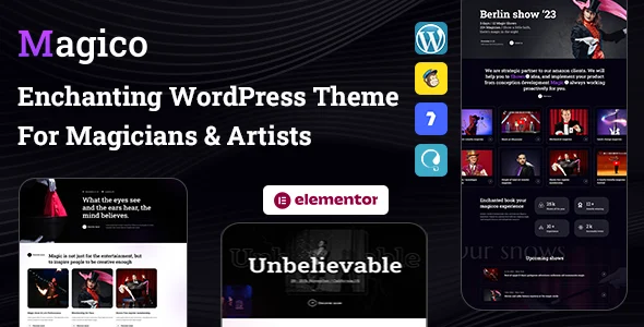 Magico - Magicians & Artists WordPress Theme WordPress theme homepage layout for a art of play entertainment website