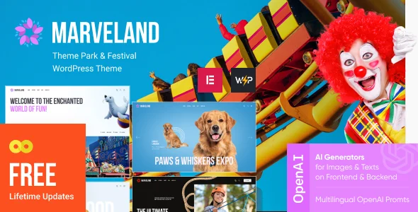 Marveland - Theme Park, Festival & Events WordPress Theme WordPress theme homepage layout for a adventure entertainment website