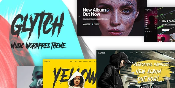 Glytch - A Vibrant Music WordPress Theme WordPress theme homepage layout for a artist music website