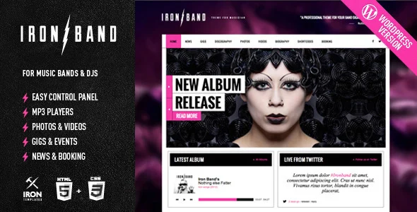 IronBand - Music Band & DJ WordPress Theme WordPress theme homepage layout for a artist music website