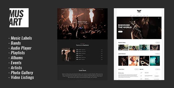 Musart - Music Label and Artists WordPress Theme WordPress theme homepage layout for a artist music website