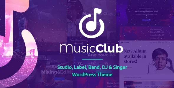 Music Club - Band & DJ WordPress Theme WordPress theme homepage layout for a album music website