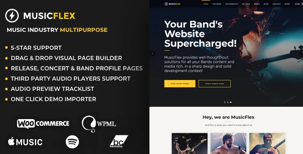 MusicFlex - WordPress Theme for Musicians WordPress theme homepage layout for a dj music website