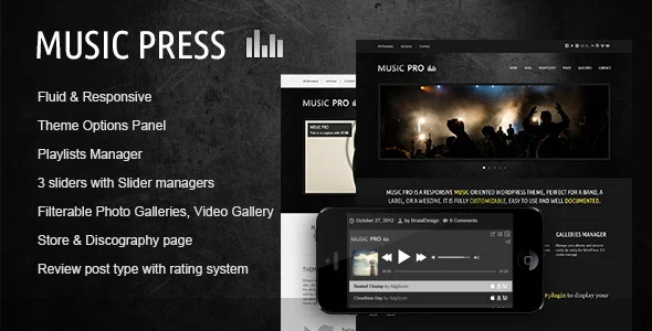 MusicPress - A Timeless Audio Theme WordPress theme homepage layout for a band music website