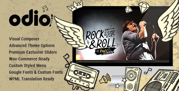Odio - Music WP Theme For Bands, Clubs, and Musicians WordPress theme homepage layout for a audio music website