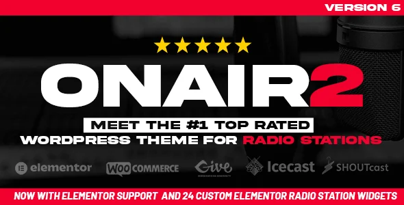 Onair2: Radio Station WordPress Theme With Non-Stop Music Player WordPress theme homepage layout for a ajax music website