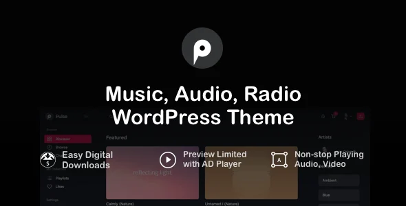 pulse - Music, Audio & Radio WordPress Theme WordPress theme homepage layout for a audio music website