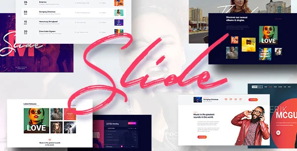 Slide - Music WordPress Theme WordPress theme homepage layout for a creative musician music website