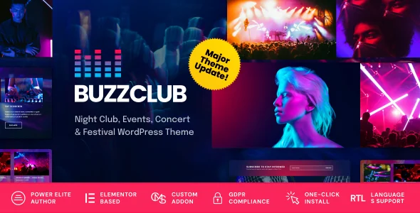 Buzz Club - Night Club, DJ & Music Festival Event WordPress Theme WordPress theme homepage layout for a concert nightlife website
