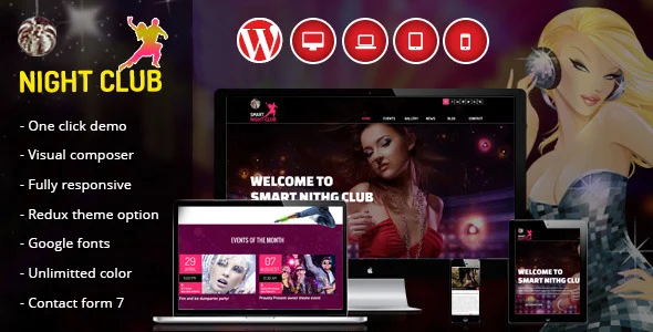 Night Club - One Page WordPress Theme For Parties WordPress theme homepage layout for a calendar nightlife website