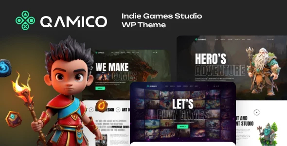Qamico - Indie Games Studio WordPress Theme WordPress theme homepage layout for a esports theme entertainment website