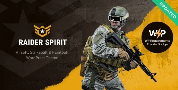 Raider Spirit | Airsoft Club & Paintball WordPress Theme WordPress theme homepage layout for a airsoft entertainment website