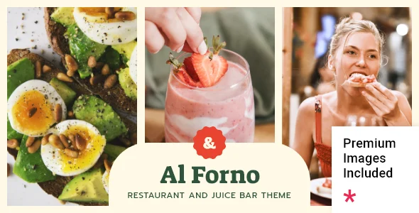 Al Forno - Restaurant and Juice Bar WordPress Theme WordPress theme homepage layout for a bar restaurant website