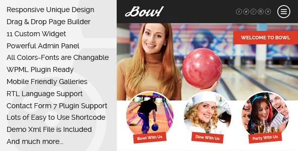 Bowl - Responsive Bowling Center WordPress Theme WordPress theme homepage layout for a alley restaurant website