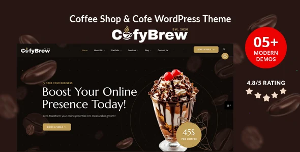 Cofybrew – Coffee Shop & Cafe WordPress Theme WordPress theme homepage layout for a bakery restaurant website