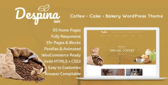 Despina - Cafes & Coffee Shops WordPress Theme WordPress theme homepage layout for a bakery restaurant website