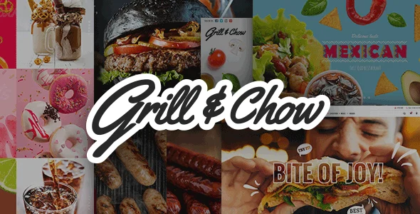 Grill and Chow - Fast Food & Pizza WordPress Theme WordPress theme homepage layout for a barbeque restaurant website