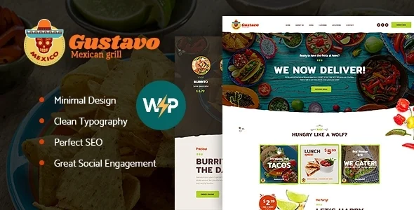 Gustavo | Mexican Restaurant & Taco Cantina WordPress Theme WordPress theme homepage layout for a bakery restaurant website