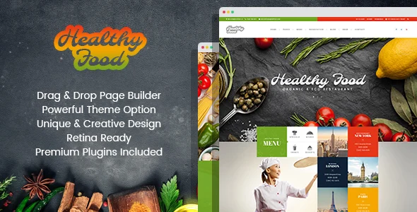 Healthy Food - Organic & Eco Restaurant WordPress Theme WordPress theme homepage layout for a bar restaurant website