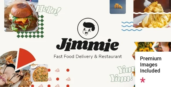 Jimmie - Fast Food Delivery and Restaurant WordPress Theme WordPress theme homepage layout for a burger restaurant website