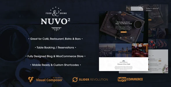 NUVO2 - Cafe & Restaurant WordPress Theme WordPress theme homepage layout for a bar restaurant website