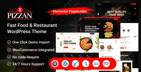 Pizzan - Fast Food and Restaurant WordPress Theme WordPress theme homepage layout for a burger restaurant website
